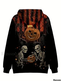 Russoo - Mens Halloween Skull Pumpkin Print Long Sleeve Pocket Hoodie: Fashionable Casual Sportswear Halloween Black Outerwear With Skull Print, Halloween Black Skull Print Outerwear, Winter Skull Print Hoodie Outerwear, Halloween Long Sleeve Outerwear With Skull Print, Black Halloween Outerwear With Drawstring Hood, Black Outerwear With Drawstring Hood For Halloween, Halloween Skull Sweatshirt For Streetwear, Halloween Skull Sweatshirt Streetwear, Halloween Skull Print Sweatshirt For Streetwear