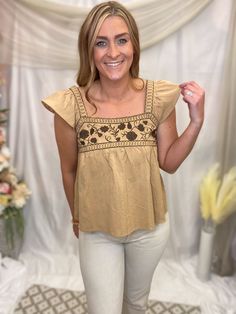 Adorable and Feminine Fit! Tan/ Beige Square Neck Top with Floral Embroidered Detail and Flutter Cap SleevesNot Lined, 100% Cotton Beige Square, Square Neck Top, Flutter Sleeve Top, Flutter Sleeve, Square Neck, Open Shoulder Tops, Fashion Beauty, Sleeve Top, Cute Outfits