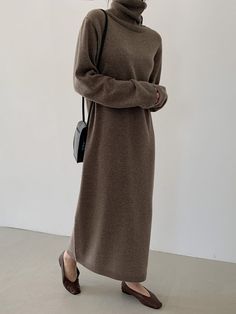 Casual Long Sleeves Loose Solid Color High-Neck Sweater Dresses APRICOT-One_size High Neck Sweater Dress, Loose Sweater Dress, Robes Glamour, Fall Sweaters For Women, Pull Oversize, Turtleneck Sweater Dress, Long Sleeve Knit Dress, Sweater Dresses, High Neck Sweater