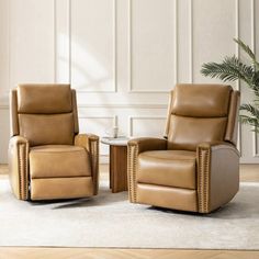 two recliners sitting next to each other on a rug in front of a white wall