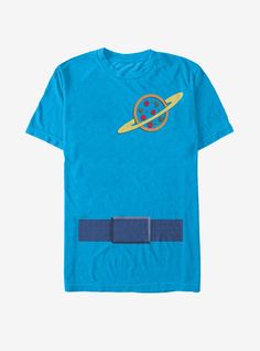 a blue t - shirt with an image of a rocket ship on the front and bottom