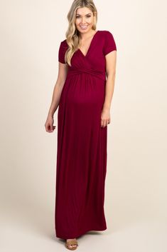 A comfortable & casual maternity dress perfect for any day!  A solid, draped maternity maxi dress featuring a v-neckline, short sleeves, and cinching under the bust. The PinkBlush Burgundy Draped Maternity/Nursing Maxi Dress is perfectly bump-friendly! Fall Maternity Dress, Beige Drapes, Navy Drapes, Nursing Maxi Dress, Casual Maternity Dress, Maternity Maxi Dress, Olive Dress, Stylish Maternity Outfits, Fall Maternity