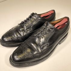 "Excellent overall vintage Condition! Has some light scuffs. These soles rate a 9 on a scale 1-10. Outer heels has some wear. Florsheim Imperial 9.5C Measurements 12 1/2\"from heel to toe( measured against the wall) 4 3/8\"at widest point 1 1/4\" heels Please measure your own pair and compare it to the measurements of the item you are interested in." Vintage Moc Toe Dress Shoes For Semi-formal Occasions, Retro Black Wingtip Oxfords, Vintage Round Toe Oxfords For Formal Occasions, Vintage Formal Oxfords With Round Toe, Vintage Formal Round Toe Oxfords, Vintage Fitted Oxfords For Business, Vintage Black Oxfords With Almond Toe, Black Fitted Vintage Oxfords, Vintage Almond Toe Oxfords For Formal Occasions