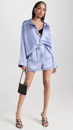 Alexander Wang - Pajama Boxer Shorts and Long Sleeve Shirt Set Shorts And Long Sleeve, Embroidery Paisley, Lettering Embroidery, Cardigan Sweater Jacket, Lingerie Accessories, Gothic Dress, Silk Shorts, Shirt Fabric, Silk Charmeuse