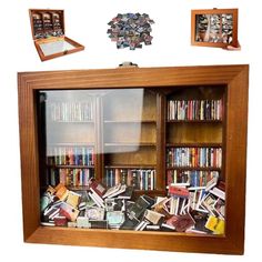 a wooden book case filled with lots of books