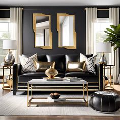 a living room with black couches and gold accents