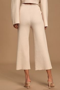 Solid Ribbed Winter Pants, Comfy Ribbed Bottoms, Knit Bottoms For Lounging, Beige Ribbed Wide-leg Bottoms, Ribbed Knit Wide-leg Bottoms, Cozy Ribbed Wide Leg Bottoms, Beige Ribbed Wide Leg Bottoms, Cozy Knit Loungewear Bottoms, Comfortable Knit Loungewear Bottoms