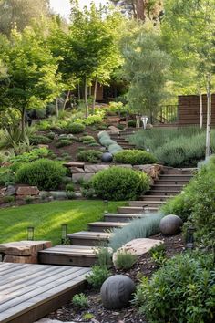 an outdoor garden with steps leading up to it