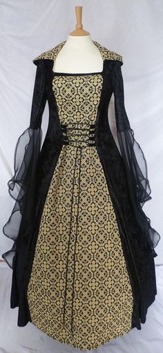 Fitted A-line Corset Dress For Banquet, Gothic Fitted Gown For Fancy Dress, Fitted Gothic Gown For Fancy Dress, Fitted Lace Corset Dress For Banquet, Fitted Lace Corset Dress With Long Sleeves, Fitted A-line Corset Dress For Costume Party, Medieval Long Sleeve Party Dress, Gothic Floor-length Dress With Fitted Bodice, Fitted Floor-length Lace Corset Dress