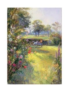 a painting of flowers and trees in a field