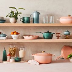 the shelves are filled with various dishes and utensils, including one pink casserole dish