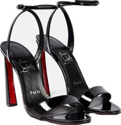 Sleek Glossy Evening Sandals, Luxury Glossy Evening Heels, Sleek Evening Sandals With Glossy Finish, Luxury Glossy Sandals For Party, Sleek Evening Patent Leather Sandals, Luxury Glossy Finish Heels For Evening, Luxury Glossy Finish Sandals For Party, Luxury Evening Sandals With Red Sole, Luxury Glossy Finish Evening Heels