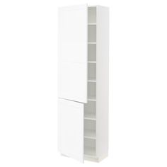 a tall white cabinet with two doors and shelves