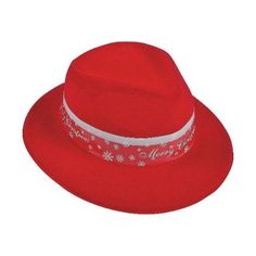 These stylish Merry Christmas Fedoras will up the fashion factor at your holiday party! Bright Christmas red with a snowflake-laden band that says "Merry Christmas", these hats are great giveaways and accessories. Hand them out when your guests walk in the door and then pose for pictures with everyone wearing one! Plastic. 22" circ. Red Fedora Hat, Red Fedora, Womens Fedora Hat, Pose For Pictures, Costume Guide, Red Hat Ladies, Womens Fedora, Fedora Hats, Bright Christmas