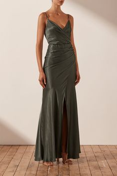 La Lune Cross Draped Maxi Dress | Olive | Dresses | Shona Joy – Shona Joy International Green Draped Maxi Dress For Gala, Green Ruched Maxi Dress For Gala, Green Bias Cut Maxi Dress For Gala, Draped Bias Cut Maxi Dress For Gala, Satin Draped Maxi Dress, Green Ruched Satin Maxi Dress, Bridesmaid Draped Satin Maxi Dress, Satin Finish Draped Maxi Dress For Evening, Green Draped Satin Evening Dress