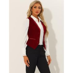 Pair with the solid color blouse or ruffle neck shirt for a casual business style. In this vintage solid color velvet fabric design, this vest is classic and timeless for your daily outfits. Classic OL style, fit for office and other formal occasions. Retro contrast satin with velvet can show your elegance and more charming, making you look more and more capable. Sleeveless Vest Outfits For Women, Sleeveless Vest Outfit, Velvet Waistcoat, Steampunk Vest, Vest Outfits For Women, Women's Vests, Color Blouse, Business Style, Vest Outfits