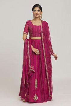 Rani pink can can attached lehenga with bead embroidered filigree motifs embellished by pearls. Comes with embroidered padded blouse and dupatta.
Components: 3
Pattern: Embroidered
Type Of Work: Zardozi, Bead, Pearl
Neckline: Round
Sleeve Type: Half
Fabric: Pure Organza,Pure Self Golden Striped Silk Chanderi
Color: Pink
Other Details: 
Closure:
Blouse: Back hook
Lehenga: Side drawstring
Lehenga Length: 42 Inches
Occasion: Sangeet,Wedding - Aza Fashions Pink Silk Sets With Dori Work, Pink Chanderi Choli With Resham Embroidery, Pink Resham Embroidery Choli In Chanderi, Pink Anarkali Set With Intricate Embroidery In Art Silk, Pink Kundan Dupatta With Intricate Embroidery, Pink Chanderi Lehenga With Intricate Embroidery, Silk Salwar Kameez With Intricate Embroidery In Pink, Pink Silk Salwar Kameez With Intricate Embroidery, Pink Chanderi Lehenga With Resham Embroidery