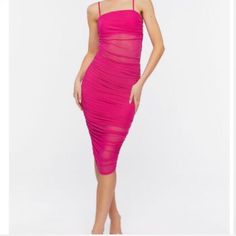 Forever 21 Dress Ruched Mesh Midi Dress Fuchsia Forever 21 Ruched Dresses For Summer, Chic Ruched Dress By Forever 21, Chic Ruched Dress From Forever 21, Spring Party Midi Dress By Forever 21, Forever 21 Ruched Dresses, Spring Party Midi Dress From Forever 21, Forever 21 Ruched Dress For Night Out, Forever 21 Pink Party Mini Dress, Forever 21 Pink Dresses For Night Out