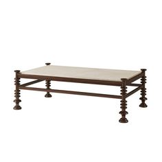 a coffee table with two wooden legs and a white marble top on an isolated white background