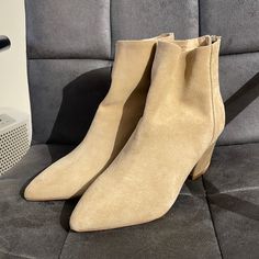 Nwot No Box Genuine Suede Tts Beige Ankle-high Boots For Work, Beige Medium Width Boots For Workwear, Beige Medium Width Boots For Work, Beige Ankle Boot Heels For Work, Classic Beige Boots With Square Toe, Classic Beige Square Toe Boots, Classic Beige Heels For Fall, Beige Almond Toe Heels For Fall, Beige Suede Ankle Boot Heels