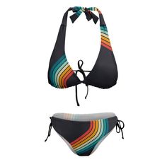 Retro Bikini, Halter Bikini Set, 70s style Bikini, Stripe bikini, Black Bikini, Rainbow Bikini, Vintage Style Bikini Set, Retro Swimsuit, Hippie style swimsuit Designed in California, Handmade to order from overseas. Here's a fun retro 70s style woman's halter bikini set I designed that embraces the essence of retro style of the 70s. This vintage-inspired bikini set is a perfect choice for those seeking a unique and eye-catching swimwear option. Designed with a halter neckline, it exudes an eleg Retro Swimwear For Beach Season, Retro Halter Neck Swimwear For Pool, Retro Halter Neck Swimwear For The Beach, Retro Halter Neck Swimwear For Vacation, Retro Swimwear For Beach Season Swimming, Retro Halter Neck Tankini For Swimming, Retro Tankini For Beach Season, Retro Tankini For Beach Season And Pool, Retro Tankini For Pool And Beach Season