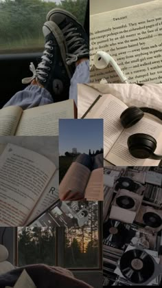 a collage of books, headphones and other items