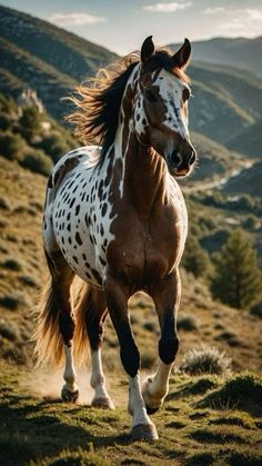 a brown and white horse is running in the grass on a hill side with mountains in the background