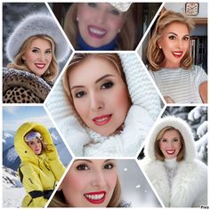 a collage of photos with women in winter clothes and snow coats on them, including one woman's face