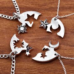 This 4 piece necklace set features a different astronomical body for piece on each necklace. The fine details are engraved, then we hand cut each piece so they all fit together like a puzzle. We made our Interlocking designs because we wanted to create something that unites people. Either friends or family. Each person gets a piece and every time they look at it, they feel the togetherness and friendship. Feel free to message us directly through Etsy for Custom Design possibilities and quotes. 4 Person Friendship Necklace, Friendship Jewelry For Four, 4 Best Friend Necklaces, 4 Friends Necklace, Necklaces For Friends, Matching Trio Jewelry, Best Friend Bracelets For 4, Matching Bracelets For 4 Best Friends, Trio Friendship Necklace