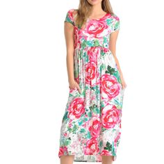 White/Pink Floral Mid Calf Short Sleeve Dress With Pockets Dl-90130 Color: White/Pink Floral 95% Rayon, 5% Spandex Hand Wash, Hang Dry Made In Usa Small 0-4 Medium 6-8 Large 10-12 X-L 12-14 Measurements (Flat Down) Sleeve: S:6 M:7 L:8 Xl:9 Waist: S:13 M:13.5 L:14 Xl:14.5 Bust S:15.5 M:16 L:16.5 Xl:17 Length: S:49 M:50 L:51 Xl:52 Pink Floral Print Casual Maxi Dress, Casual Fitted Maxi Dress With Rose Print, Casual Pink Floral Print Maxi Dress, Casual Pink Maxi Dress With Floral Print, Casual Pink Floral Maxi Dress, Casual Flowy Pink Maxi Dress, Pink Flowy Casual Maxi Dress, Casual Pink Flowy Maxi Dress, Casual Rose Print Beach Dress