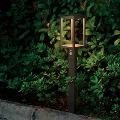 a light that is on in the grass by some bushes and trees with green leaves around it