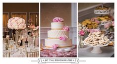 wedding cake and desserts displayed on tables at an elegant reception in pink, gold and white