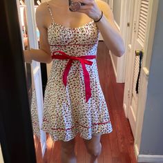 Never Worn! The Cutest Cherry Dress!! Cute White Sundress For Parties, White Sundress For Spring Holiday, White Mini Dress For Holiday, Fitted Casual Sundress For Holiday, Fitted Sundress For Holiday, White Cotton Sundress For Party, Holiday Sundress, Fitted Holiday Sundress, White Chic Mini Dress For Holiday