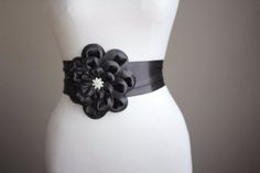 Charcoal gray satin  flower wedding dress belt / sash, night dress belt,Cocktail dress belt, bridesmaid sash Elegant Bridal Belt With Satin Bow For Wedding, Elegant Bridal Belt With Satin Bow For Party, Elegant Ribbon Bridal Belt For Wedding, Satin Ribbon Bridal Belt For Parties, Elegant Bridal Belt With Satin Bow For Bridesmaid, Elegant Bridal Belt With Sashes For Evening, Elegant Evening Bridal Belt With Sashes, Elegant Formal Bridal Belt With Ribbon, Elegant Wedding Sash With Matching Belt