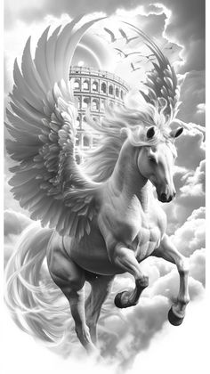 a white horse with wings flying through the air in front of a building and clouds