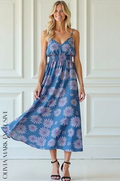 Olivia Mark - Elegant Blue Floral Midi Dress with Smocked Waist and V-neckline Ethereal Blue, Blue Floral Midi Dress, Flowing Skirt, Blue Canvas, Floral Midi Dress, Fitted Bodice, Olivia Mark, Elegant Dresses, Blue Floral