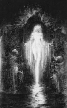 an artistic black and white drawing of a woman standing in the middle of a waterfall