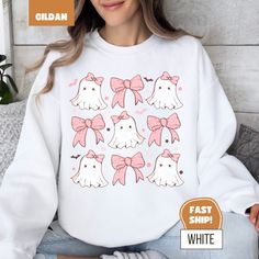 🎀👻 Kawaii Ghost Coquette Crewneck Sweatshirt👻🎀 Get ready for the spooky season in THE most adorable way possible with this Kawaii ghostie take on the coquette trend. This sweater will keep you warm, but will also make sure you stay looking cute while you do it! There are 6 colour options and 7 sizes to choose from and would make an awesome gift for the Halloween lovers in your life. ✨Check out the other awesome gifts (for a friend, or yourself!) in my shop: https://www.etsy.com/ca/shop/Fable Coquette Crewneck, Gifts For A Friend, Kawaii Ghost, Ghost Sweatshirt, Halloween Lovers, Awesome Gifts, Pink Halloween, Halloween Spooky, Halloween Gift