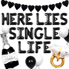 PRICES MAY VARY. Enjoy our Rip Single Life Party Decoration . Very suitable for any Bachelorette party Our Gothic Bachelorette Party Supplies will make your party more interesting and immerse your family and guests in an unforgettable experience You will get:1 x black bottle, 1 x gold ring balloon, 20 x black white balloons,1 x black heart banner, 1 x Here Lies Single Life letter balloon 16 inch beautiful design, not easy to damage, may you use it happily Have a Bachelorette party with your frie Black And White Engagement Party Decor, Bachelor And Bachelorette Party Combined, Gothic Bachelorette Party, White Engagement Party, White Bachelorette, Bachelor Party Decorations, Black And White Balloons, Bachelorette Party Supplies, Bachelorette Decorations