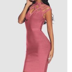 Brand New Dust Pink Women's Bandage Dress Collared Hollow Out Bodycon Party Dress Fabric: 90% Rayon 9% Nylon 1% Spandex. Sleeveless, Cut Out, Back Zipper, Above The Knee For All Seasons; Great For Party, Cocktail, Club, Holiday,Making This Little Dress Perfect For Any Special Occasion. Measures In Inches Size . .Bust Waist Hips Length Medium 32/36 30/32 Free 36 Stretch V-neck Bandage Dress For Date Night, Elegant V-neck Bandage Mini Dress, Fitted Bandage Dress For Formal Occasions, Fitted V-neck Bandage Dress For Evening, Formal V-neck Bandage Dress For Summer, Fitted V-neck Bandage Mini Dress, Party Bandage Sheath Dresses, Party Sheath Bandage Dresses, Formal Fitted Bandage Bodycon Dress