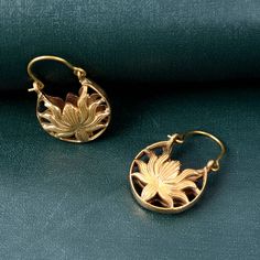 "Lotus Flower Hoop Earrings Gold Brass, Gold Earrings, Vintage Inspired Design, Lace Hoop Earrings, Tribal Earrings, Boho, Ethnic, Statement Handmade Earrings Material:- Brass IMPORTANT NOTE....👇 1 product free gift on purchase of 3 products. You can choose the plain brass ring free gift as your wish. Take a screenshot of plain brass ring you like from my shop and send me a photo in personal message. MUST READ....👇 5 stars is my shop's priority. So contact me before leaving any negative review Bohemian Flower Hoop Earrings With Ear Wire, Handmade Round Brass Flower Earrings, Bohemian Flower-shaped Hoop Earrings, Bohemian Flower Hoop Earrings, Temple Jewelry Hoop Earrings For Festivals And Gifts, Brass Chandbali Hoop Earrings As Gift, Chandbali Brass Hoop Earrings As Gift, Handmade Gold Flower-shaped Hoop Earrings, Traditional Brass Flower Earrings As Gift