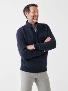 Epic Quilted Fleece Pullover - Navy Melange | Faherty Brand Family Brand, Weekend Plans, We Wear, Casual Jacket, Cold Day, Mens Sweatshirts, Stand Collar, Shirt Jacket, Layering