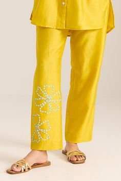 Yellow chanderi shirt with sequin bead embellished blossom patterns. Comes with pant. - Aza Fashions Embellished Shirt, Pant Women, Yellow Pants, Pant Sets, Sequin Beading, Aza Fashion, Stand Collar, Pants Set, Sequin