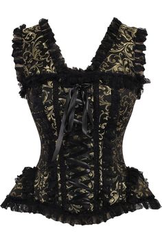 Overbust corset made of high quality brocade and lace fabrics 10 Spiral Steel boned with 2 Flat steel bones Delicate lace detailing Ribbon tie closure at back for cinching Privacy Panel Lined Hand Wash Gold Corset, Crotch Boots, Waist Cincher Corset, Striped Shoes, Steel Boned Corsets, Lace Fabrics, Light Up Shoes, Overbust Corset, Corsets And Bustiers