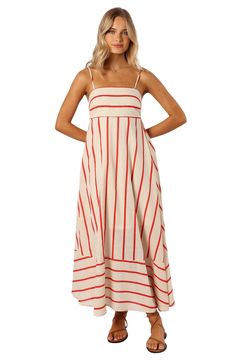 A smocked back shapes this fit-and-flare maxi dress fashioned from airy striped cotton and featuring an Empire waist. Hidden side-zip closure Square neck Adjustable straps Partially lined 100% cotton Hand wash, dry flat Imported Summer Long Dress, A Line Long Dress, Beach Maxi Dress, Flowy Maxi Dress, Solid Color Dress, Straight Neckline, High Quality Dress, Long Summer Dresses, Summer Months