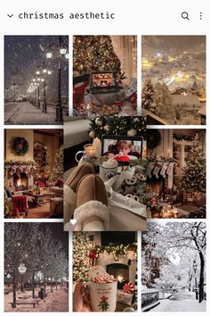 a collage of photos with christmas trees and lights in the background, snow covered streets