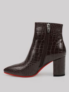 Elegant Red Ankle Boot Heels, Luxury Ankle Boot Heels With Red Sole, Pointed Toe Faux Leather Boots With Crocodile Pattern, Faux Leather Boots With Crocodile Pattern And Pointed Toe, Faux Leather Crocodile Pattern Pointed Toe Boots, Red Medium Width Ankle Heeled Boots, Red Ankle Heeled Boots Medium Width, Red Bottom Boots, Red Pointed Toe Boots With 4-inch Heel