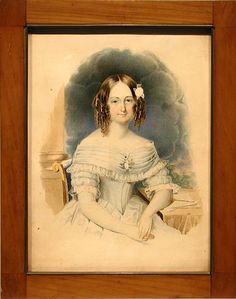 an antique portrait of a woman in white dress