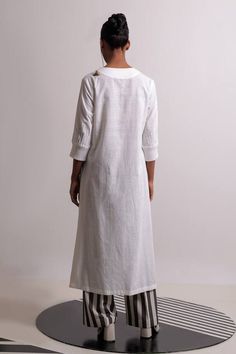 Ivory handwoven cotton long kurta with floral thread embroidery. Paired with striped flared pant. - Aza Fashions Handloom Cotton Kurta For Spring, Anarkali Style Off White Cotton Palazzo Set, Anarkali Style Off-white Cotton Palazzo Set, Cotton Straight Kurta With Embroidered Border, Spring Handloom Cotton Kurta, Handloom Cotton Palazzo Set With Straight Kurta, Cotton Kurta In Off White For Spring, Spring Cotton Handloom Kurta, Cotton Palazzo Set With Floral Embroidery And Straight Kurta