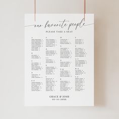 Display your wedding seating plan with our "Our Favorite People" seating chart sign template. This elegant and minimal signage is perfect for wedding receptions or rehearsal dinners, helping guests find their seats quickly and easily. The alphabetical order layout makes it simple for guests to find their name and table number allocation. * Access your digital template instantly. * Customize easily with Canva, a free browser-based program. * Edit wording, colors, and layout with just a few clicks Minimal Signage, Minimal Elegant Wedding, Alphabetical Seating Chart, Seating Chart Sign, Elegant Wedding Reception, Event Planning Tips, Seating Plan Wedding, Alphabetical Order, Wedding Rehearsal Dinner